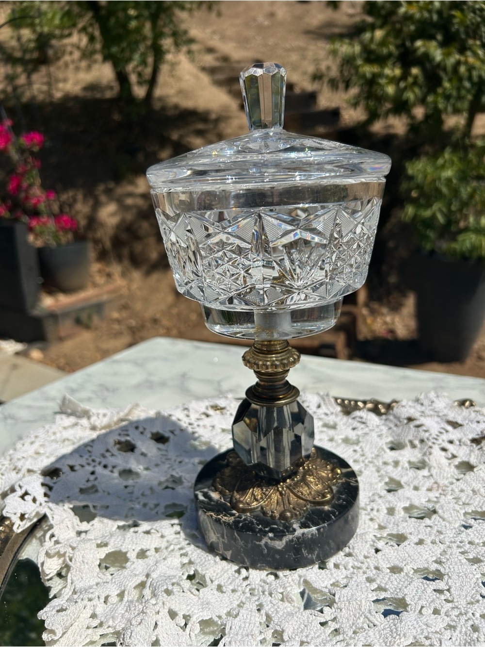 Clear Cut Glass Candy Dish with Brass and Marble Base